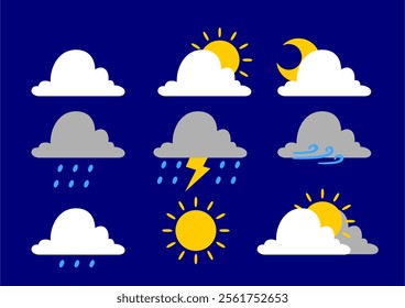 Collection of climate change cartoon cloud icons in flat design on blue color background. vector image