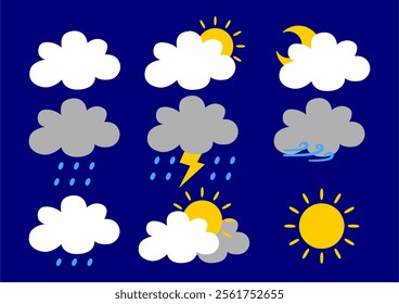 Collection of climate change cartoon cloud icons in flat design on blue color background. vector image