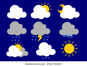 Collection of climate change cartoon cloud icons in flat design on blue color background. vector image