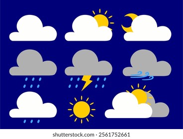 Collection of climate change cartoon cloud icons in flat design on blue color background. vector image