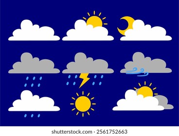 Collection of climate change cartoon cloud icons in flat design on blue color background. vector image