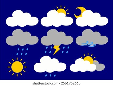 Collection of climate change cartoon cloud icons in flat design on blue color background. vector image