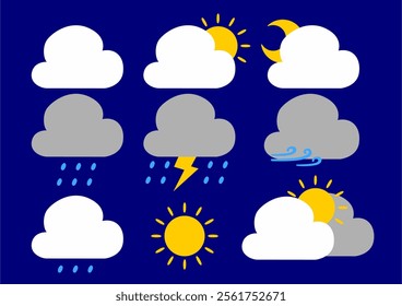 Collection of climate change cartoon cloud icons in flat design on blue color background. vector image