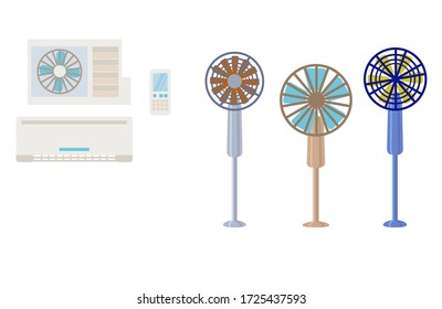 Collection of climate equipment for the home.Set of equipment for a comfortable microclimate in the house.Fans , air conditioners are isolated on a white background.Vector illustration in flat style.