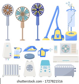 Collection of climatic and appliances for the home.Set of equipment for comfort in the house. Fans, air conditioners, radiators, water heaters, humidifiers, vacuum cleaner, iron, kettle are isolated.