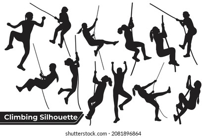 Collection of Climbing in mountains silhouettes in different poses