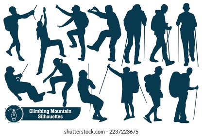 Collection of Climbing in mountains silhouettes in different poses