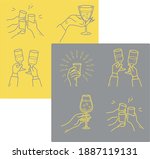 Collection of clink glasses icons isolated on a contrasting background. Yellow and gray toast 
 and raised hand celebration vector outline icons set 