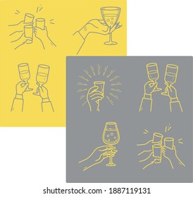 Collection of clink glasses icons isolated on a contrasting background. Yellow and gray toast 
 and raised hand celebration vector outline icons set 