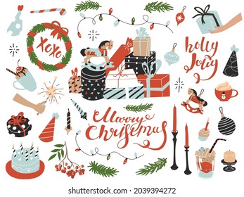 Collection clip art elements for Christmas and New year celebration. Flat style in vector illustration. Presents, tree toys, candles, drinks. Hand drown  quotes Merry Christmas, Holly Jolly, XoXo.