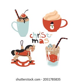 Collection clip art elements for Christmas and New year celebration. Flat style in vector illustration. Cold and hot Drinks, wood horse. Hand drawn  quote  Christmas.