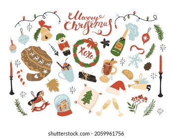 Collection clip art elements for Christmas and New year decoration. Cute things from holiday celebration, cozy home elements. Flat style in vector illustration. Paper and textile design. Isolated.