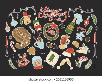 Collection clip art elements for Christmas and New year decoration. Cute things from holiday celebration, cozy home elements. Flat style in vector illustration. Paper and textile design. Isolated.