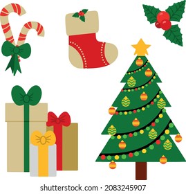 Collection of clip art New Year and Christmas attributes. Mint canes festive sock mistletoe gifts christmas tree with toys and garlands. Set of illustrations of holiday props isolated on white