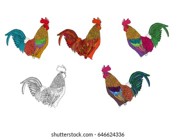 a collection of clip art; a vector illustration of a rooster or cook; isolated on white background