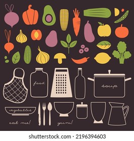 Collection of clip arts with veggies, fruits, cutlery, dishes, utensil. Vector illustrations with vegetables, broccoli, carrot, onion, garlic, avocado, beet, redis for vegan, vegetarian merch.