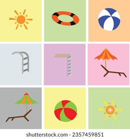 collection of clipart related to beach like sun , ball, stairs, pool