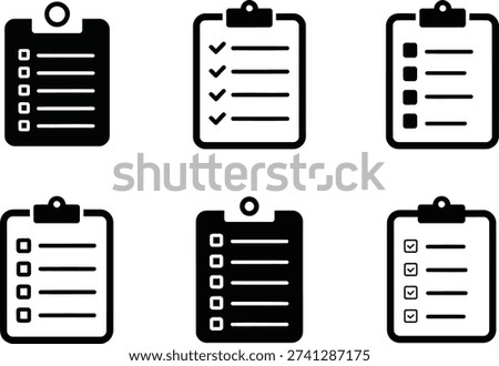 Collection of clipboard icons with checklists and checkboxes