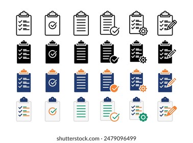 Collection of Clipboard icons with several styles. Checklist on clipboard line icon with check mark, checklist, document, gear, pencil. Clipboard flat icon. Checklist symbol. Vector illustration.