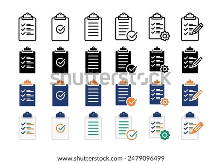 Collection of Clipboard icons with several styles. Checklist on clipboard line icon with check mark, checklist, document, gear, pencil. Clipboard flat icon. Checklist symbol. Vector illustration.