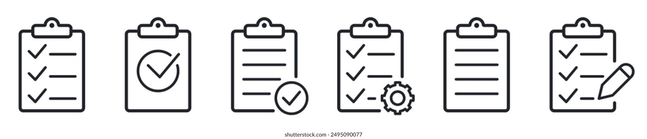Collection of clipboard illustrations for different situations in business. Vector icons set in flat style