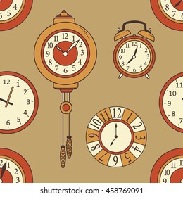 Collection of clock, seamless pattern vector. Hand drawn icon set. Doodle background with sketch objects and clock icon