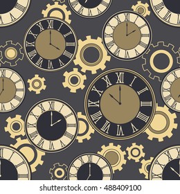 Collection of clock, seamless pattern vector. Hand drawn icon set. Doodle background with sketch objects and clock icon. Illustration for printing for watchmaker's