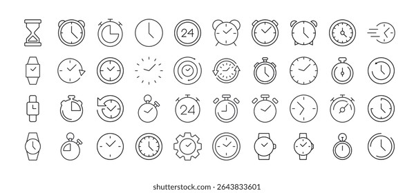 Coleção de Relógio, Relógio Inteligente, Relógio Despertador, Timer Relacionados Ícones de Linha. Outline Signs para Gráficos e Web Design, Apps, Anúncios, Vários Cartões 