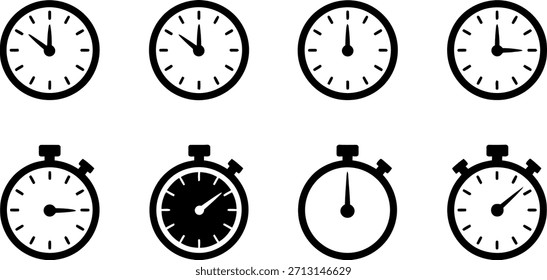 Colección de los iconos del reloj y cronómetro en blanco y negro