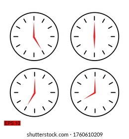
una colección de relojes de estilo plano. Ilustraciones de las cinco a las ocho en punto, con una fuerza plana. temas de reloj