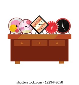 collection clocks on wooden table furniture