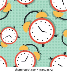 Collection of clocks, seamless pattern vector. Hand drawn backdrop. Colorful overlapping background with alarm clock. Decorative wallpaper, good for printing. Design illustration