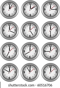 Collection of clocks showing each 5 minutes of the hour illustration vector
