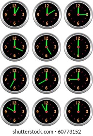 Collection of clocks showing each 5 minutes of the hour illustration vector