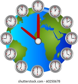 Collection of clocks showing each hour of the day circling a globe clock illustration vector
