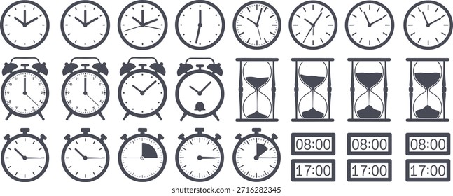 Collection of clocks and timekeeping devices in black and white 1