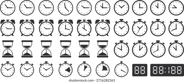 Collection of clocks and timekeeping devices in black and white