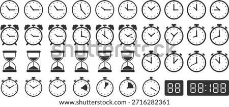 Collection of clocks and timekeeping devices in black and white