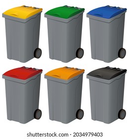 Collection of closed wheeled trash containers in different colors for selective sorting