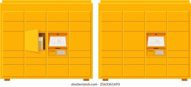 Collection of closed yellow lockers or with an open box containing a package in the flat design style (cut out)