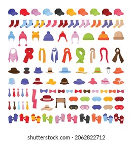 Collection of clothes and accessories. Colorful hats, scarves, gloves.