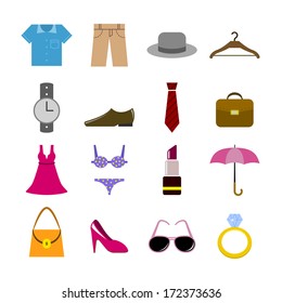 Collection of clothes accessories shoes shirt tie and hat isolated vector illustration