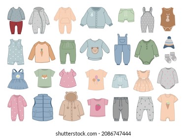 Collection of clothes for babies in flat style.