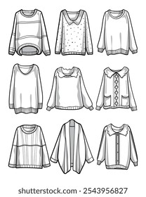 Collection of Clothes Black and White line art Vector