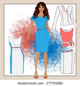 A collection of clothes for girls. The color is blue, red-pink, light grey.