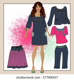 A collection of clothes for girls. Color blue, Indigo, red-pink, green