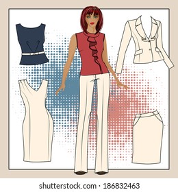 A collection of clothes for girls. Color peach, beige, grey.