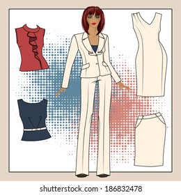 A collection of clothes for girls. Color peach, beige, grey.
