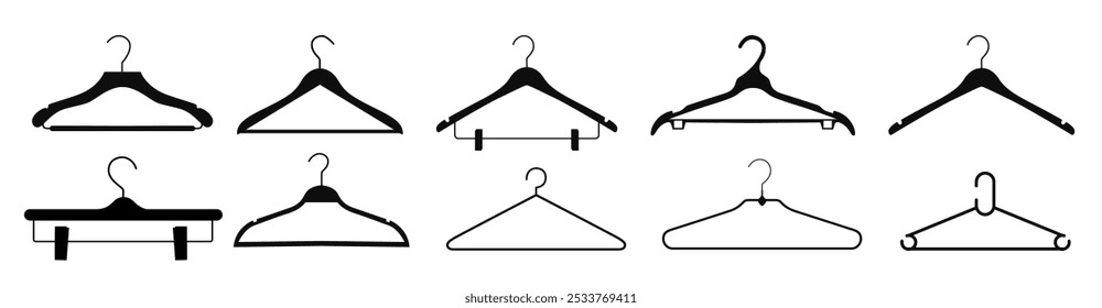 collection of clothes hanger silhouette vector illustrations. black silhouettes on white background show various shapes of clothes hangers.