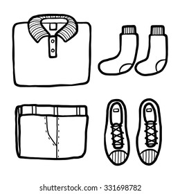 collection of clothes icons / cartoon vector and illustration, black and white, hand drawn, sketch style, isolated on white background.